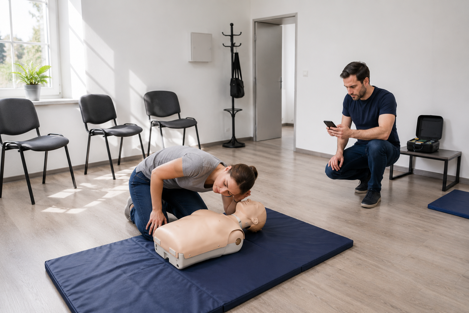Simulare de prim ajutor în care un adult verifică răspunsul unui manechin, iar un coleg sună la 112