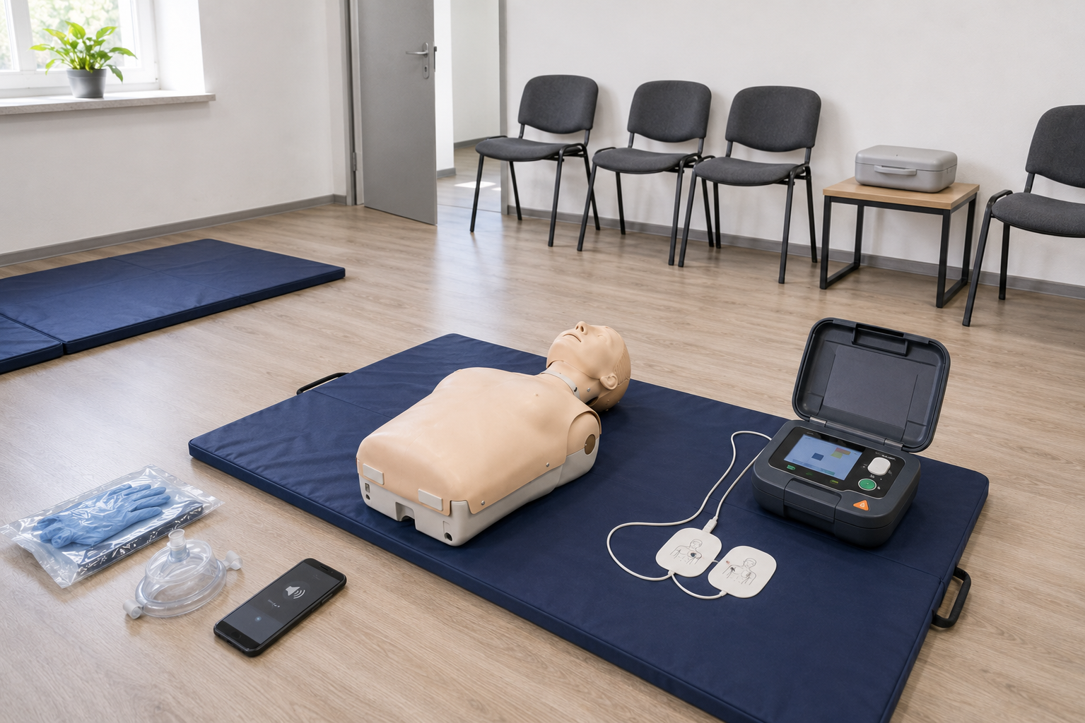 Manechin de resuscitare, AED de antrenament și telefon pregătite pentru un exercițiu de prim ajutor