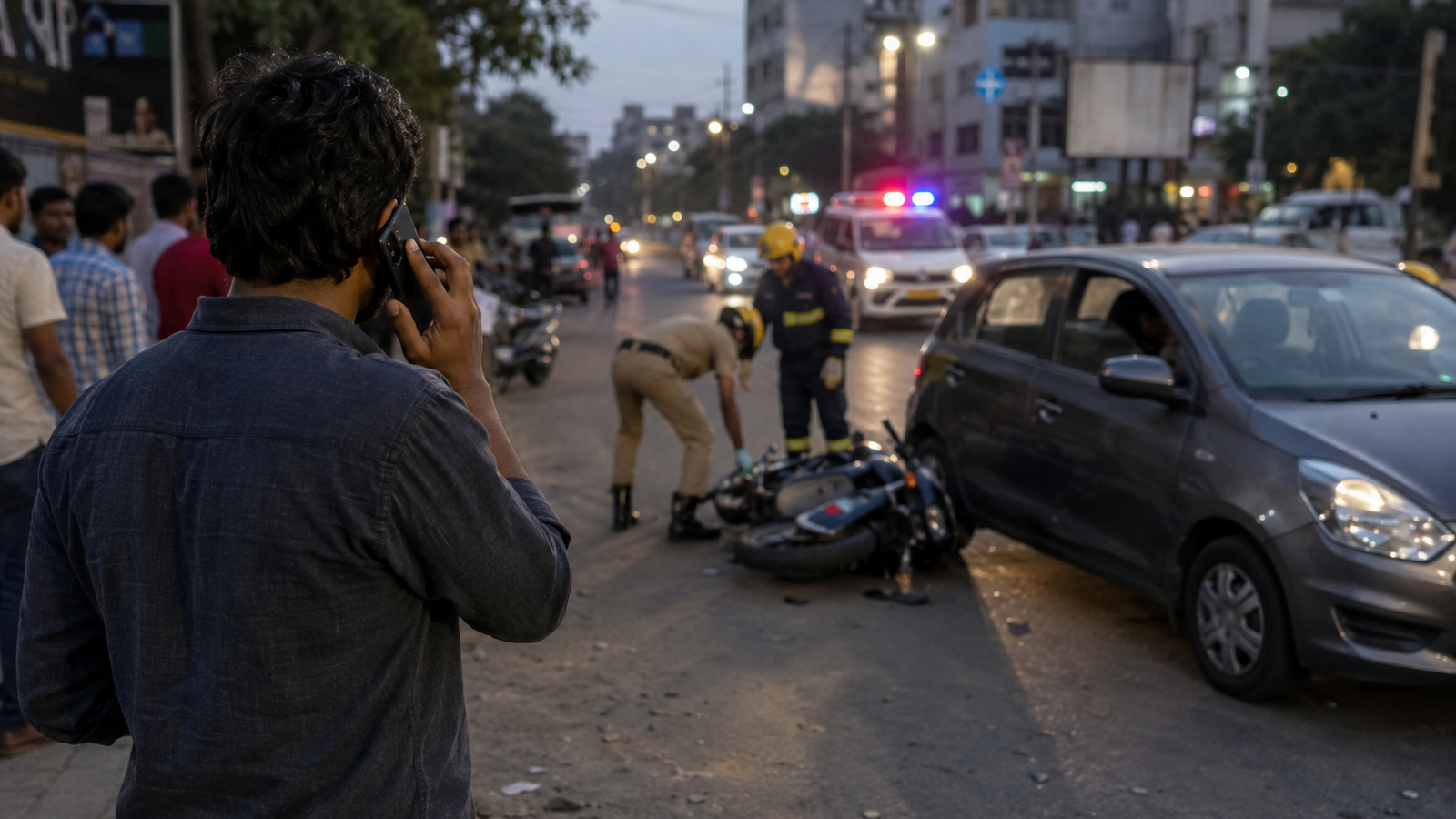 Martor care apelează serviciile de urgență după un accident rutier în India
