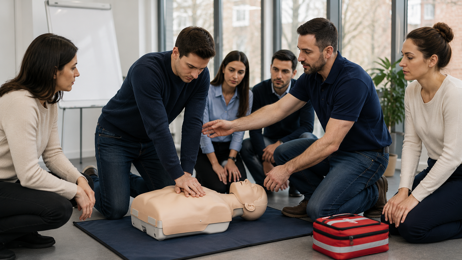 Participant care exersează compresii toracice pe manechin sub îndrumarea instructorului