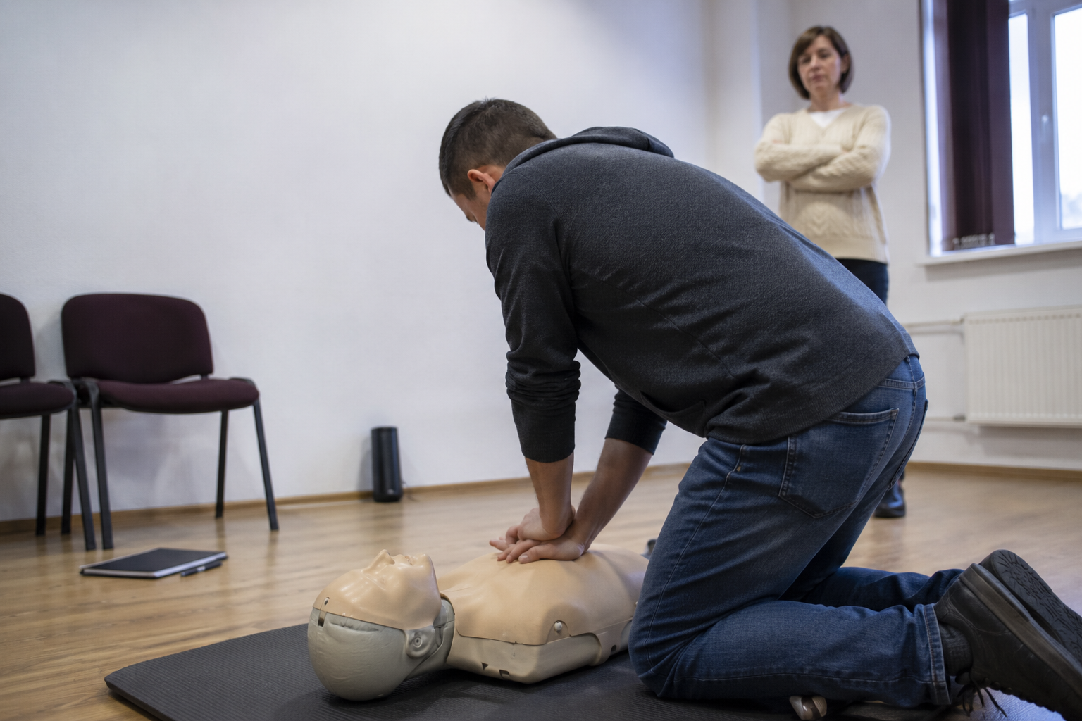 Participant care exersează compresii toracice pe manechin sub îndrumarea instructorului