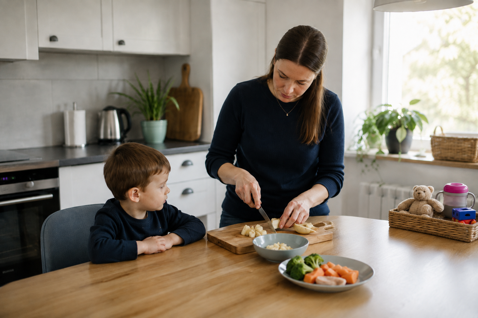 Părinte care pregătește atent alimentele pentru masa unui copil mic
