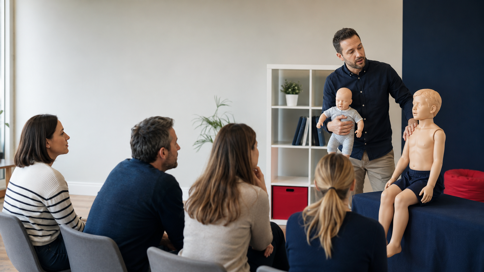 Instructor care explică primul ajutor în caz de sufocare folosind manechine pediatrice