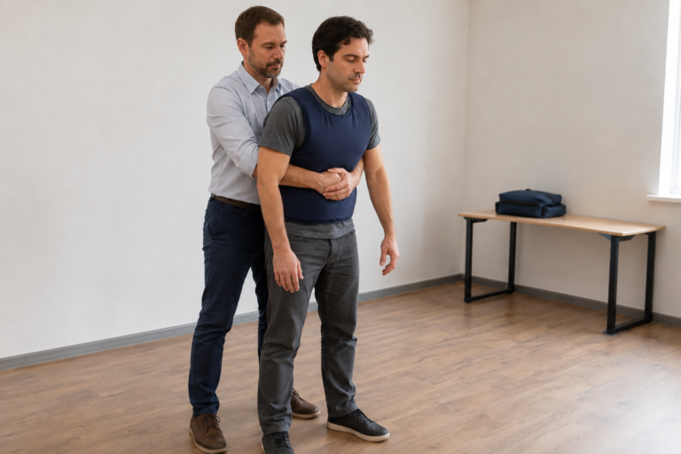 Exersarea poziției mâinilor pentru compresiunile abdominale pe o vestă de antrenament