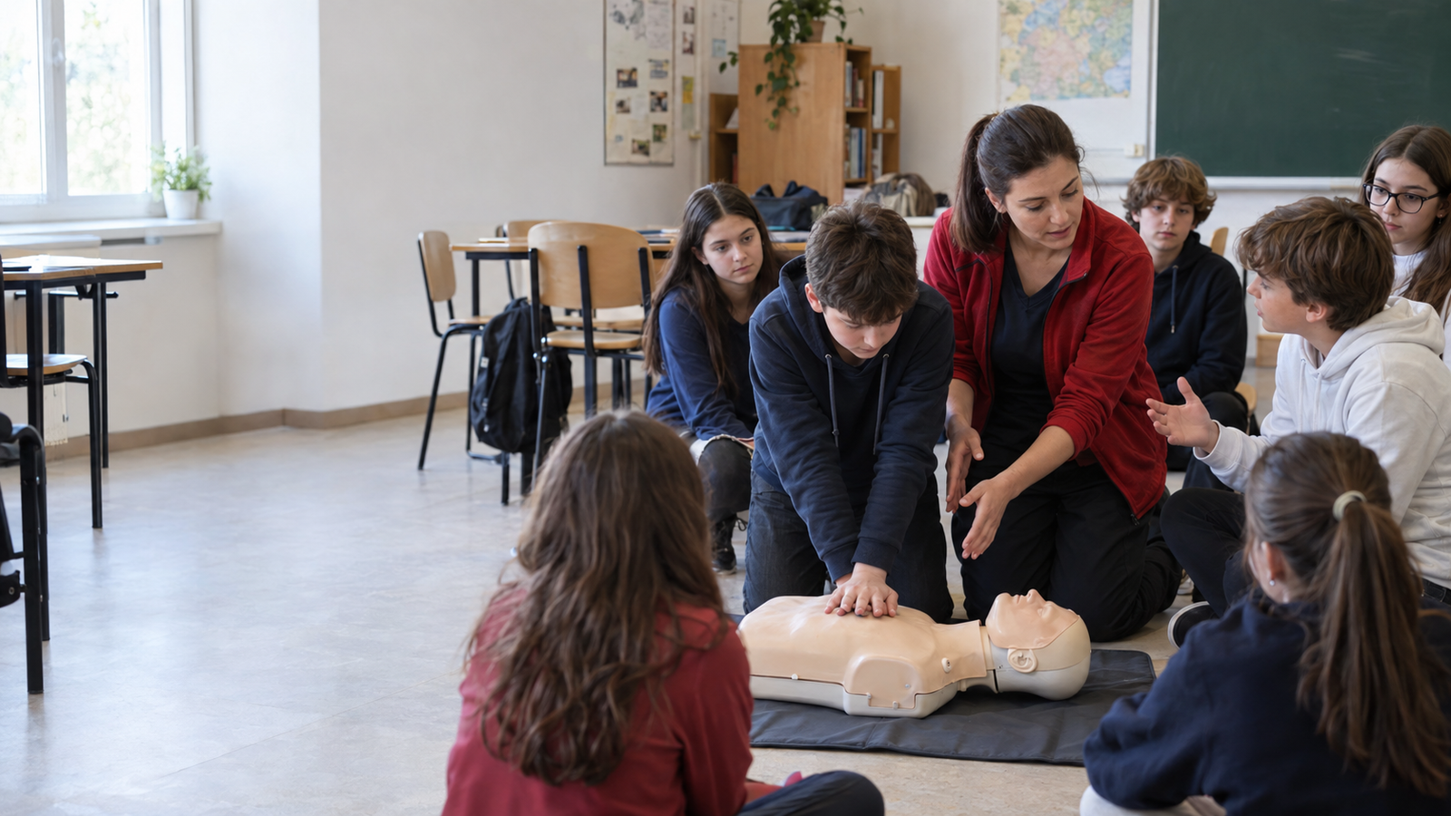 Elev care exersează resuscitarea pe un manechin în timpul unui atelier de prim ajutor