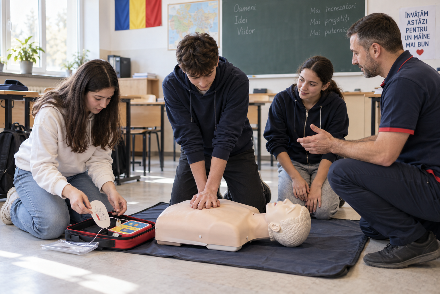 Elevi care exersează RCP și utilizarea unui AED de antrenament pe manechin
