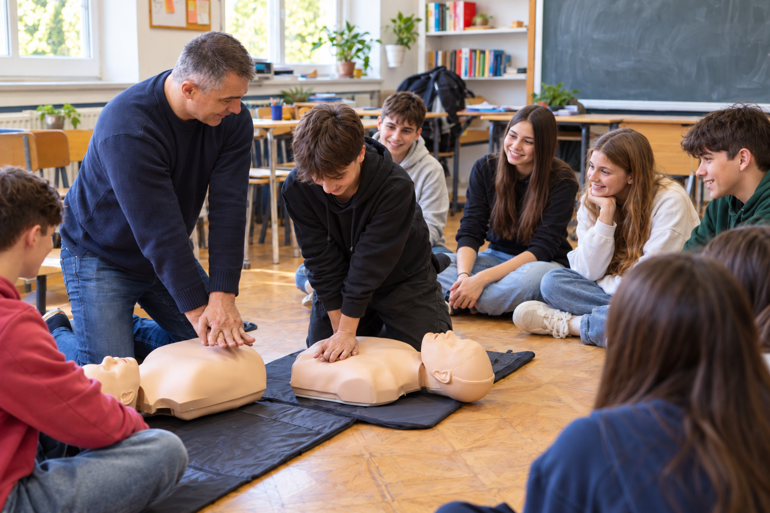 Elevi care exersează resuscitarea pe manechine în cadrul unui atelier de prim ajutor