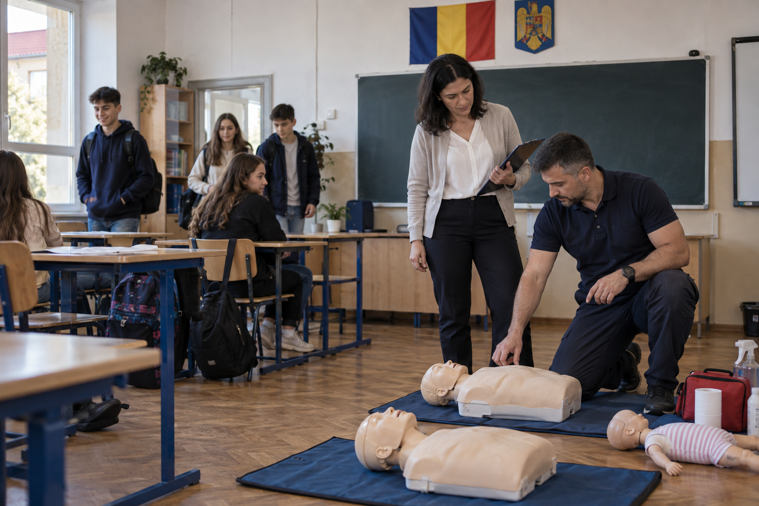 Profesor și instructor care pregătesc un atelier de prim ajutor pentru elevi