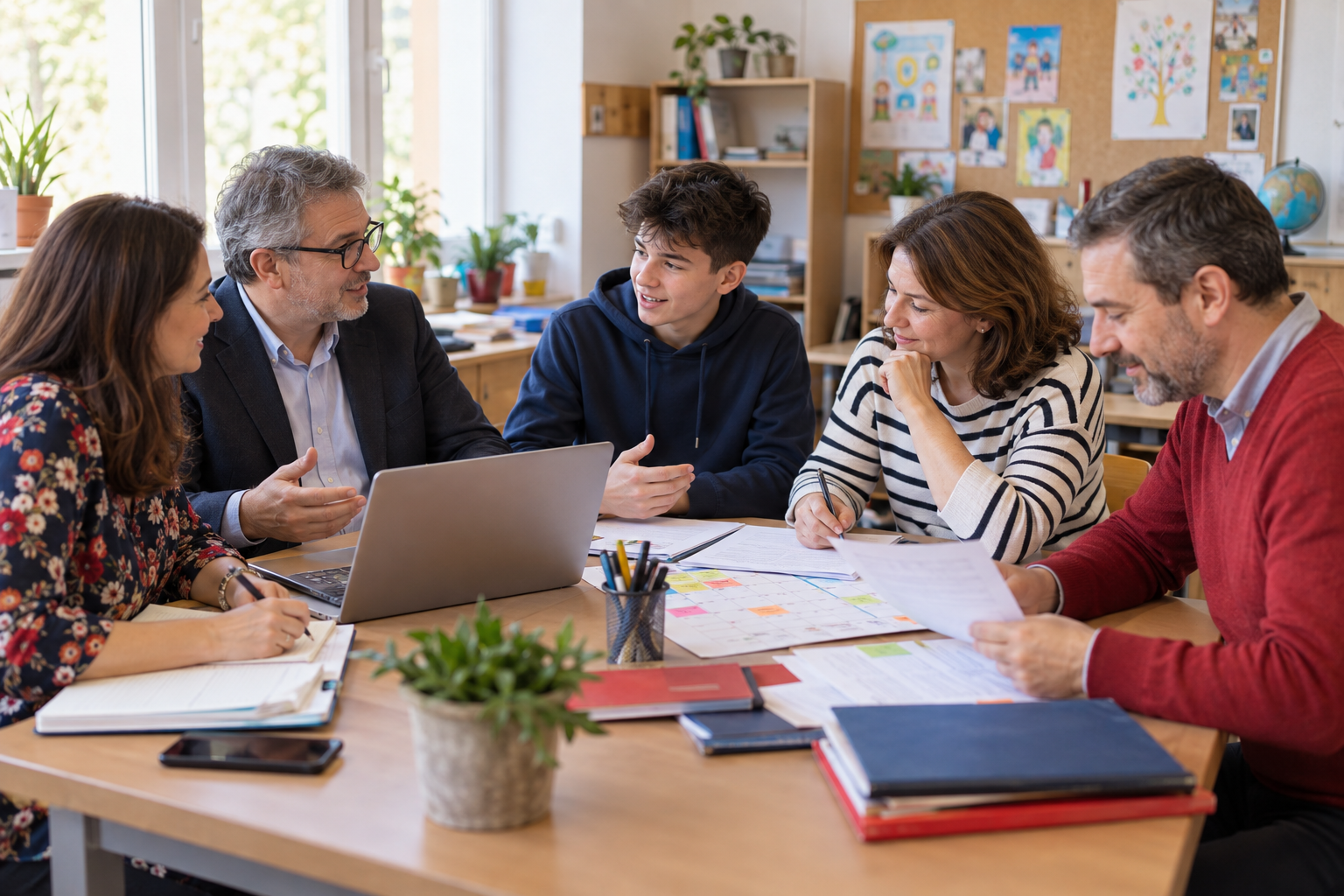 Profesori, elev și părinte care discută planificarea programului Școala Altfel