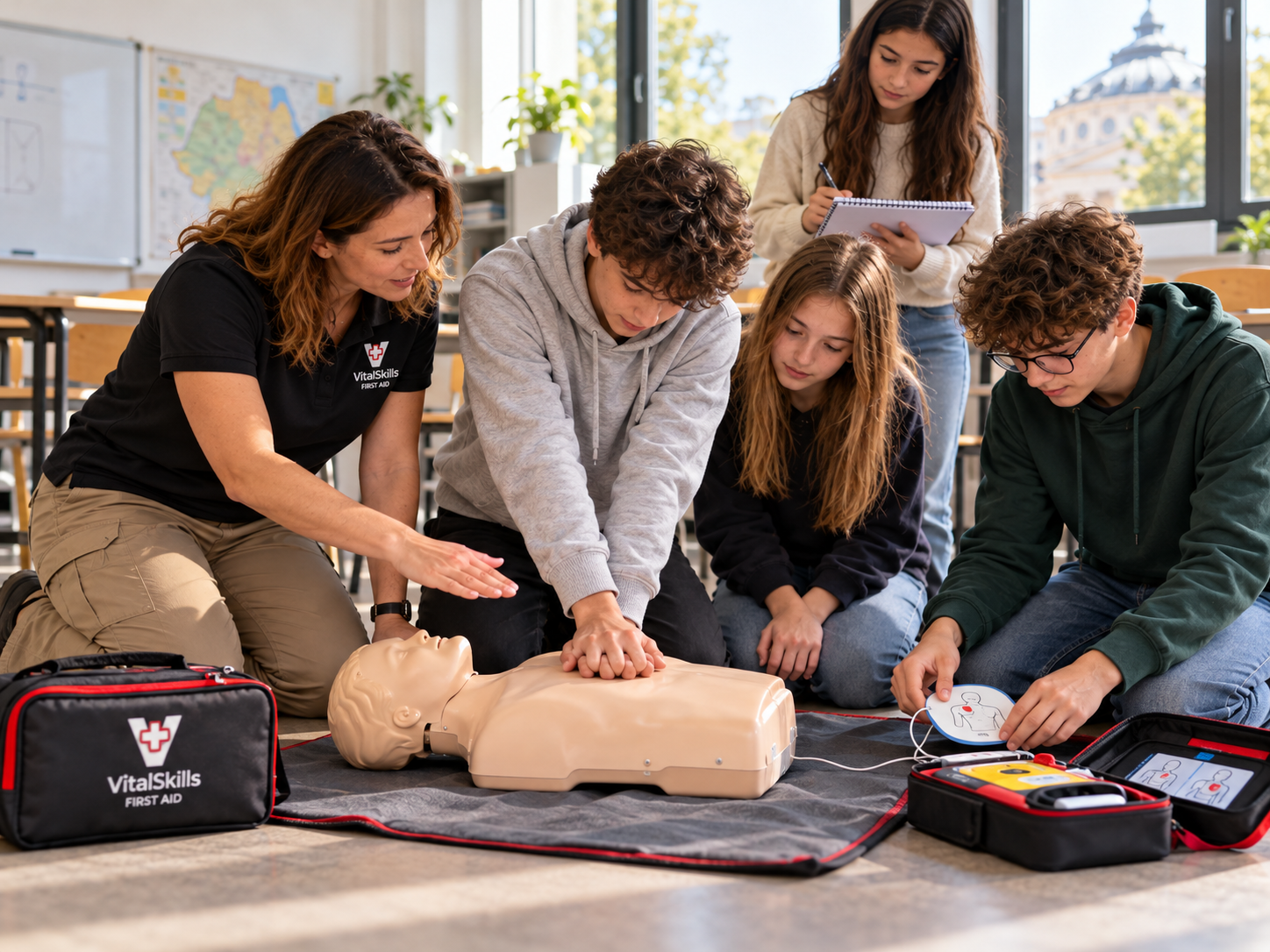 Elevi care exersează resuscitarea pe manechin într-un atelier VitalSkills de prim ajutor
